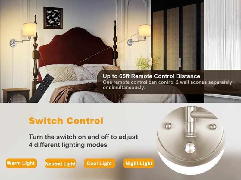 GOODATE Plug in Wall Sconces with Remote Control, Dimming & Adjustable Colors 2700K-6500K, Hardwire or Plug-in, Swing Arm Wall Lamp with White Fabric Shade, Wall Sconces Set of Two, Brushed Nickel Finish - Image 3